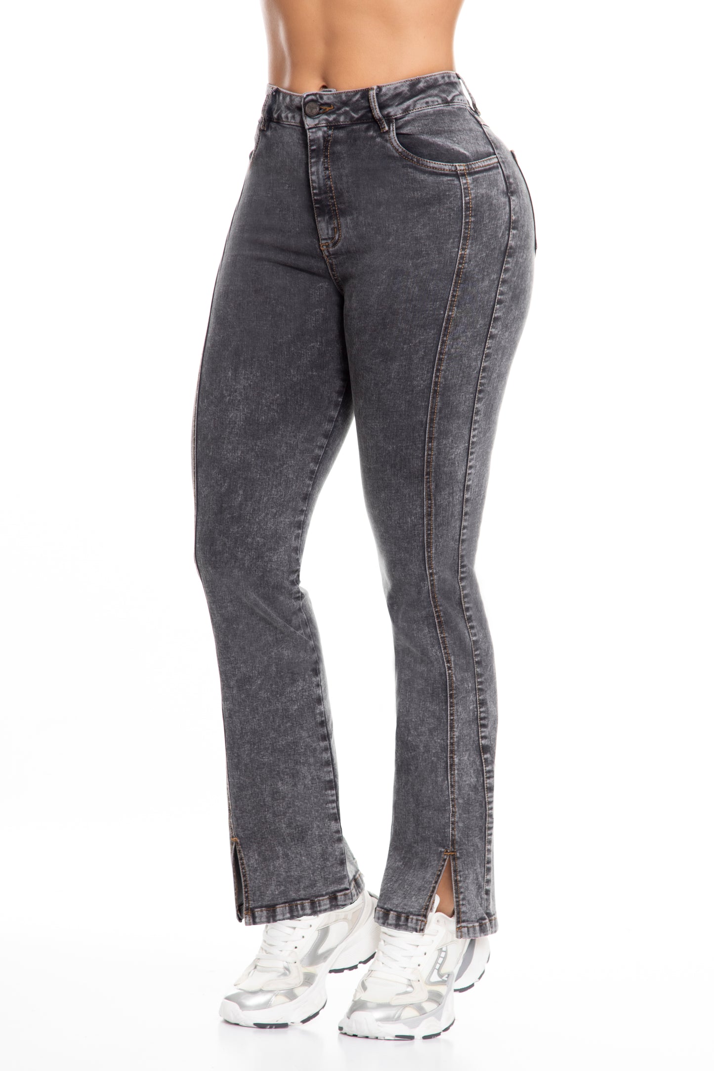 10065 Pantalón recto, tiro alto, 100% algodón tono gris jaspeado