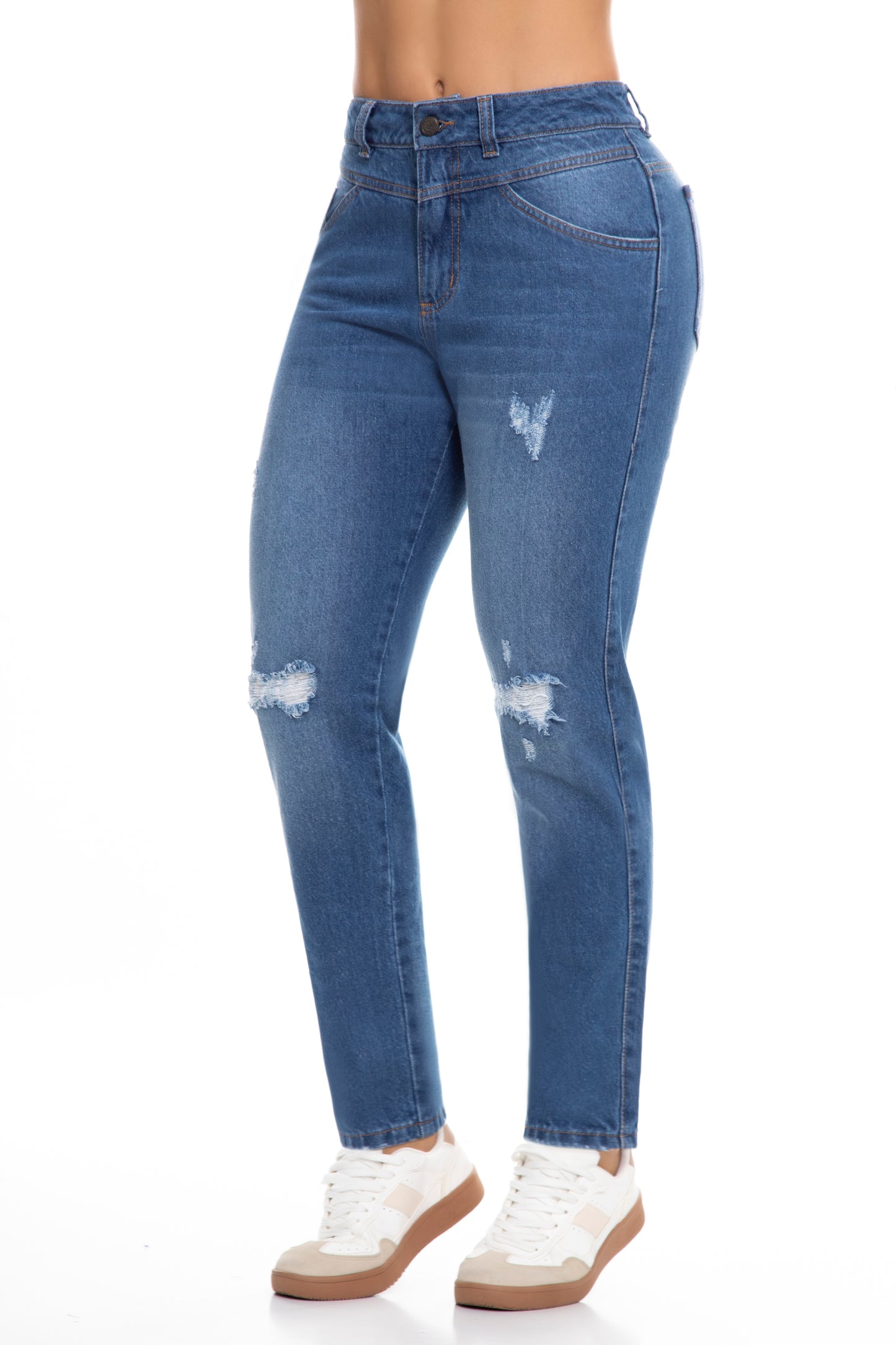 10112 pantalón Mom fit, tiro alto, 100% algodón tono azul medio claro con rotos