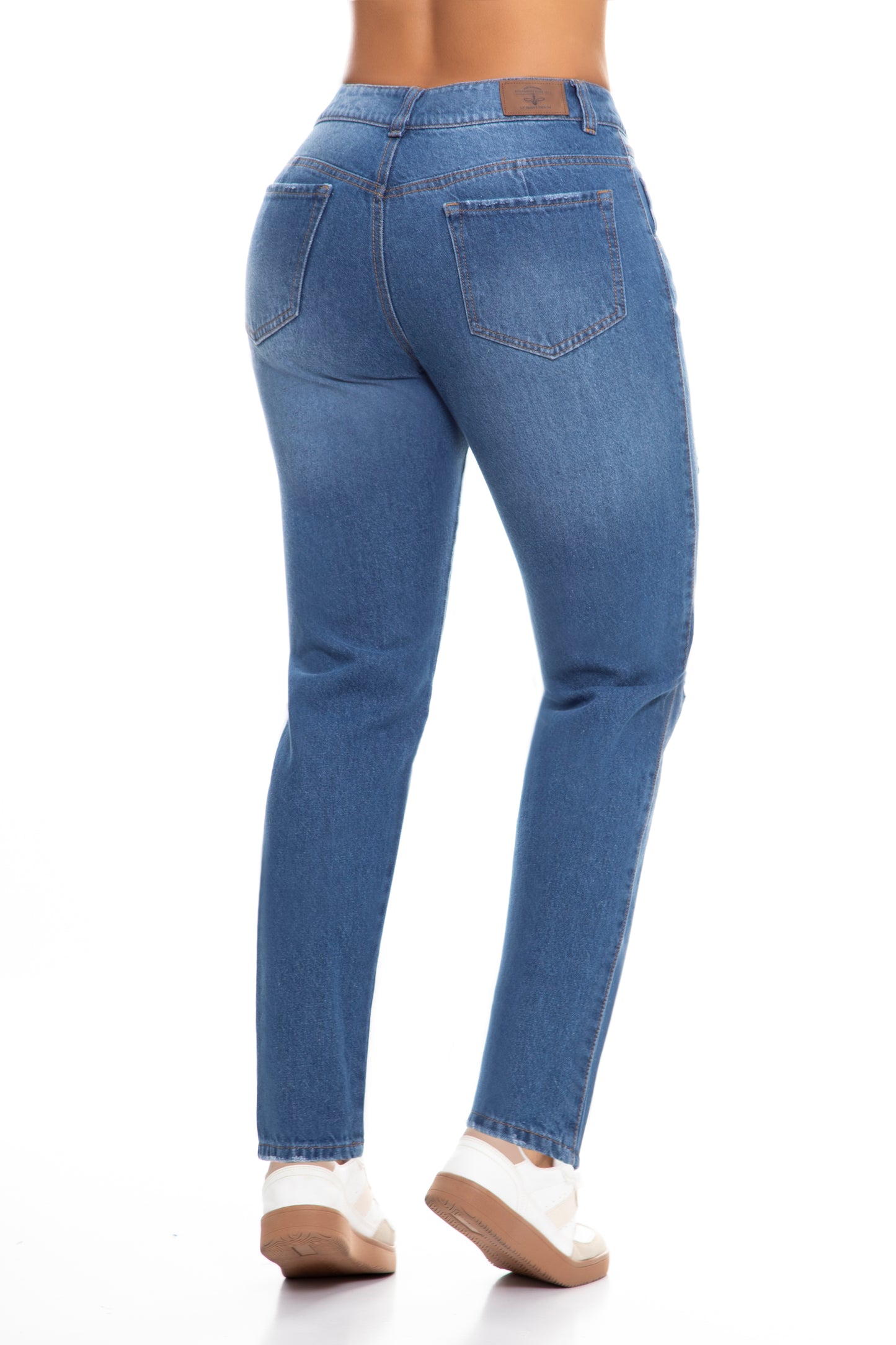 10112 pantalón Mom fit, tiro alto, 100% algodón tono azul medio claro con rotos