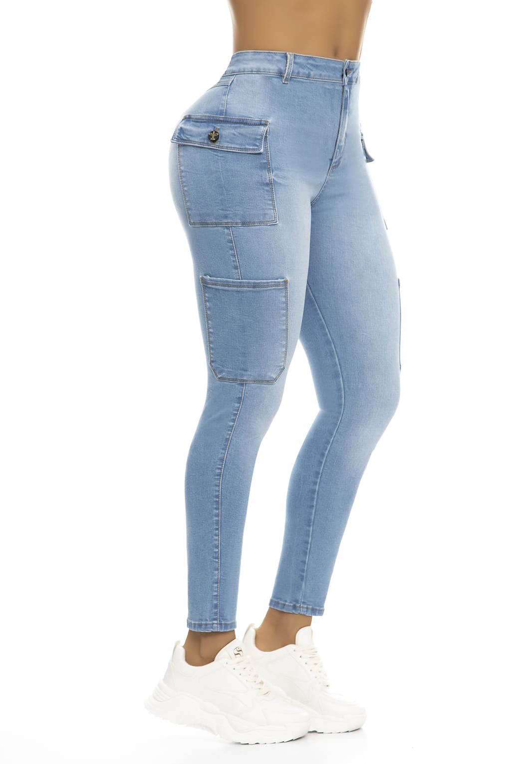 10070 Jean cargo stretch levanta cola, tiro super alto, azul claro