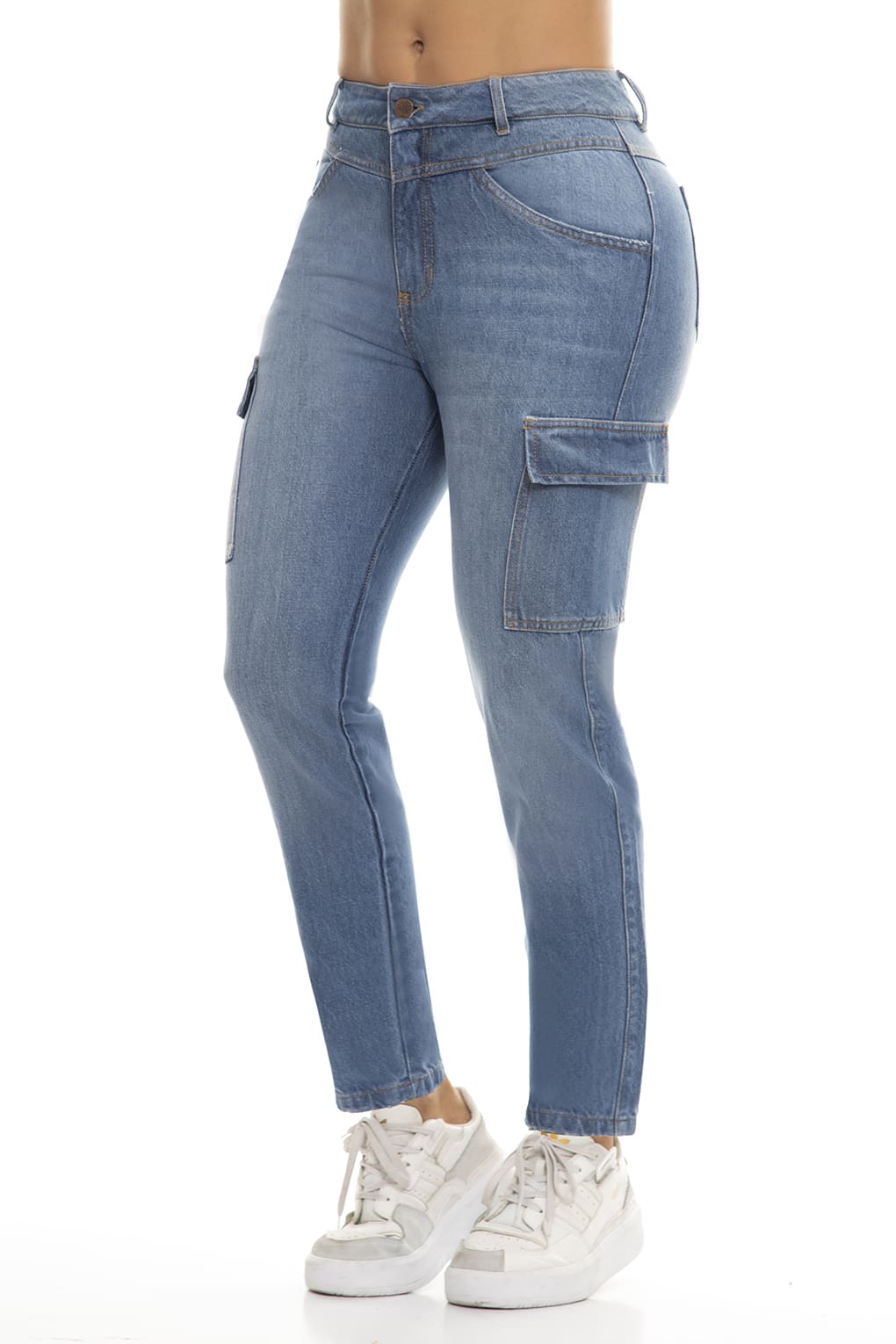 10100 Pantalón Cargo, tiro alto, 100% algodón tono azul medio