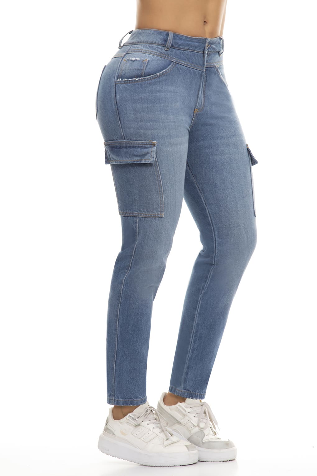 10100 Pantalón Cargo, tiro alto, 100% algodón tono azul medio