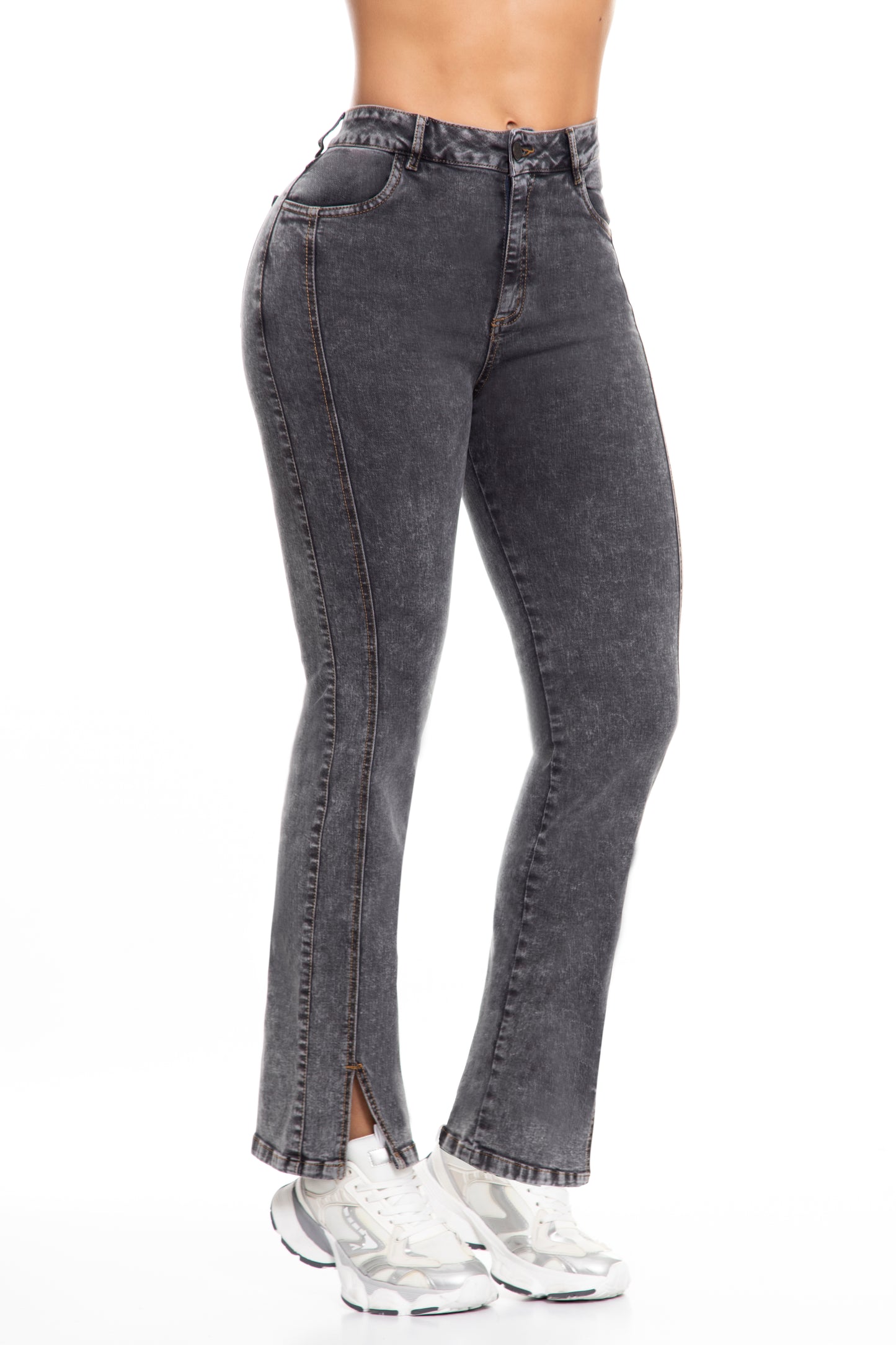 10065 Pantalón recto, tiro alto, 100% algodón tono gris jaspeado