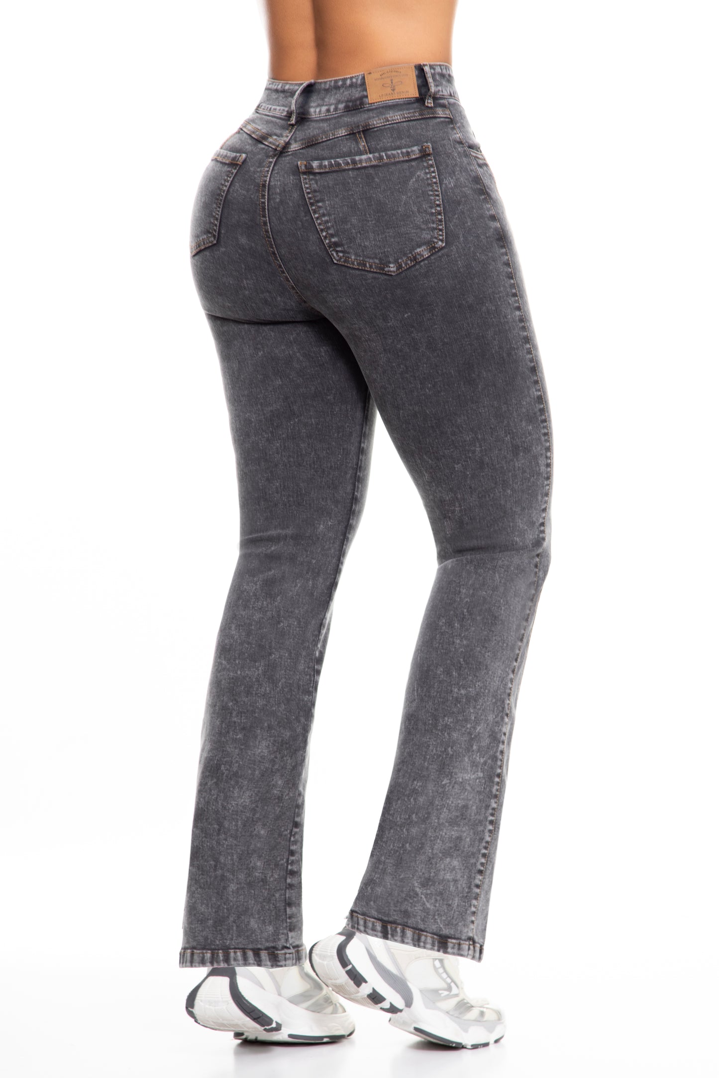 10065 Pantalón recto, tiro alto, 100% algodón tono gris jaspeado