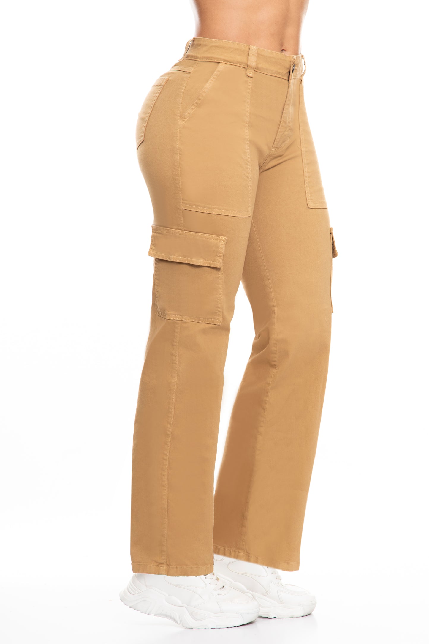 10107 Pantalón Cargo bota ancha, tiro súper alto, color terracota, strech.