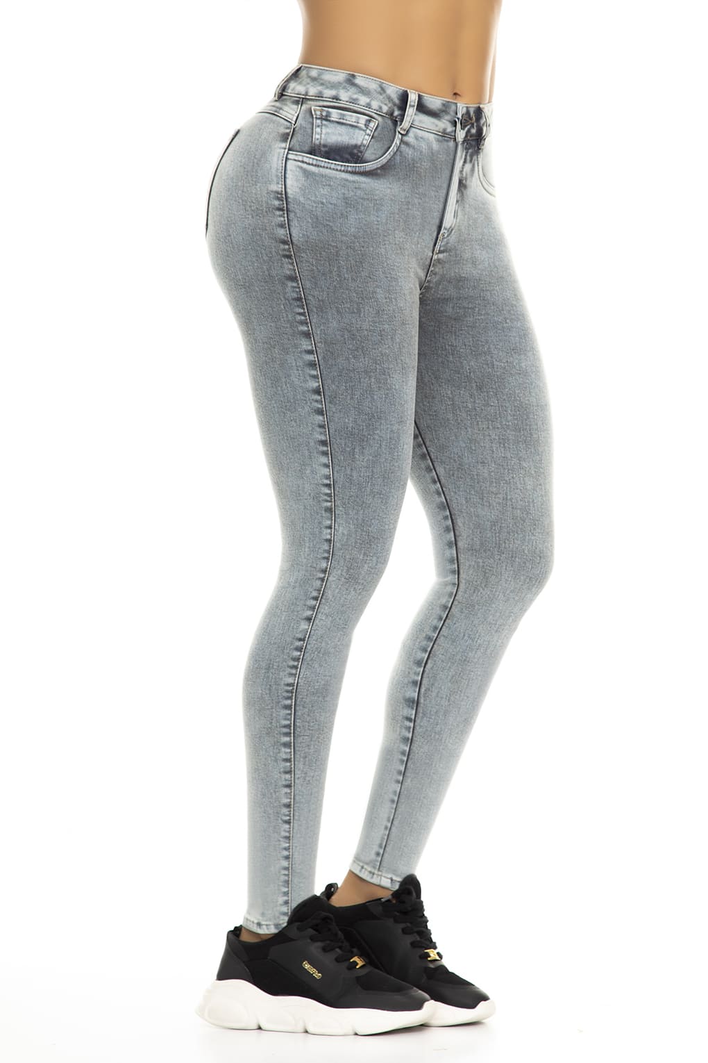 10073 Jean skinny, efecto levanta cola, tiro súper alto, gris claro, pantalón moderno mujer.