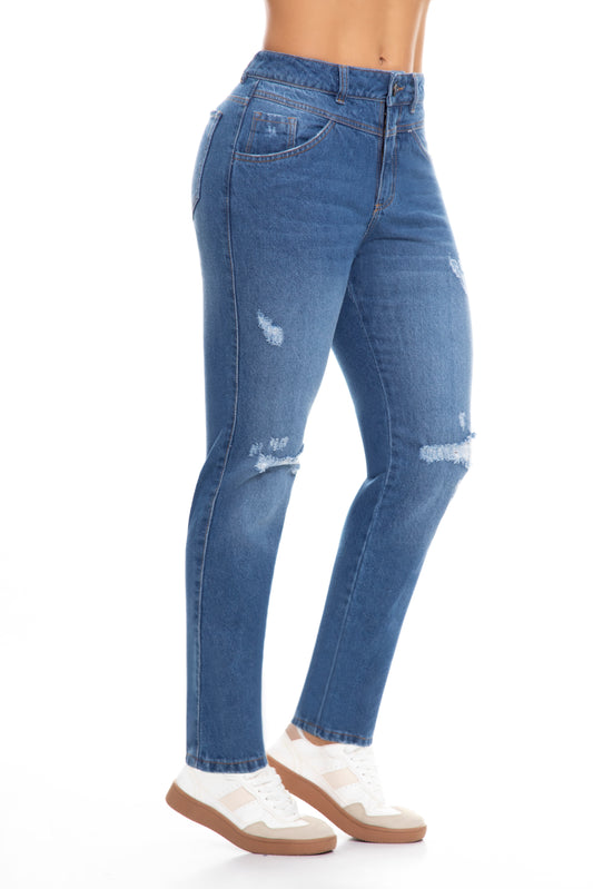 10112 pantalón Mom fit, tiro alto, 100% algodón tono azul medio claro con rotos