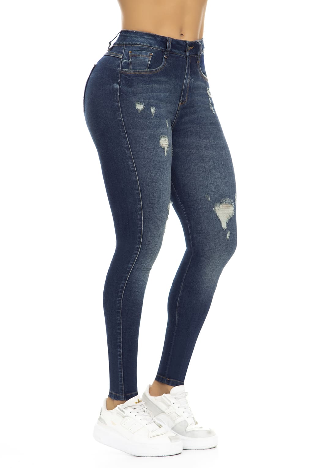 10076 Jean skinny stretch, con rotos sutiles, efecto levanta cola, tiro súper alto, azul medio oscuro, pantalón moderno mujer.