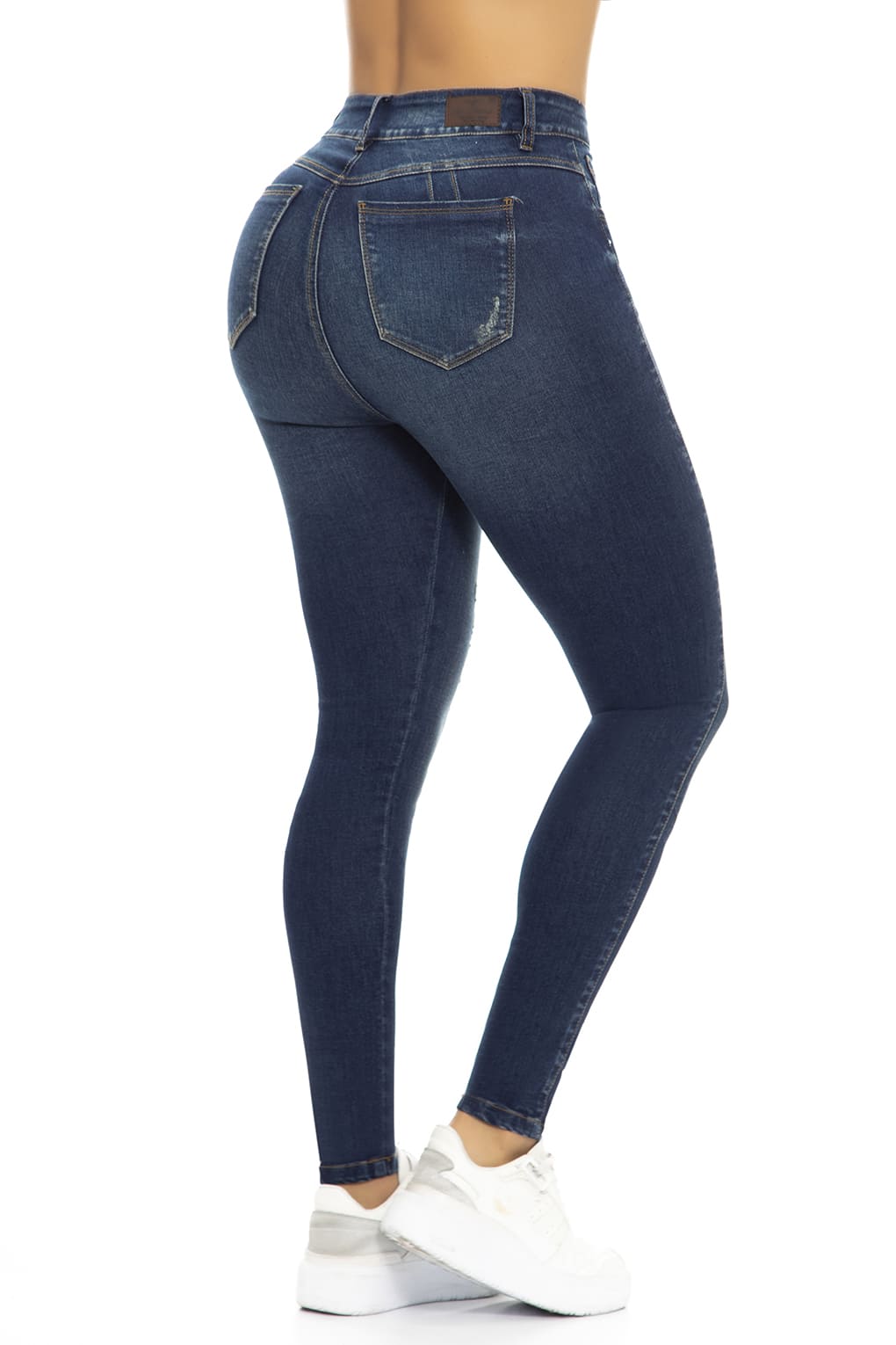 10076 Jean skinny stretch, con rotos sutiles, efecto levanta cola, tiro súper alto, azul medio oscuro, pantalón moderno mujer.