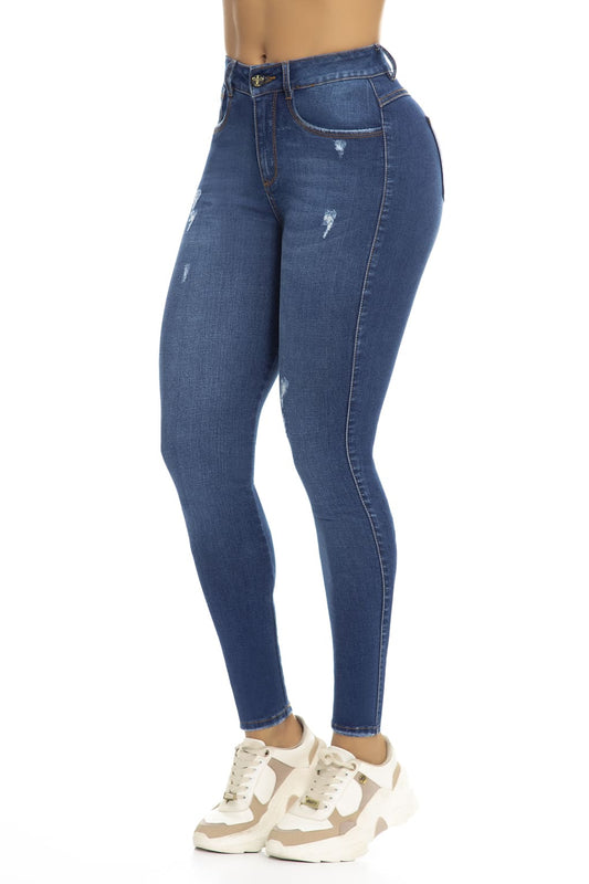 10077Jean skinny stretch, con nicks sutiles, efecto levanta cola, tiro súper alto, azul medio oscuro, pantalón moderno mujer.