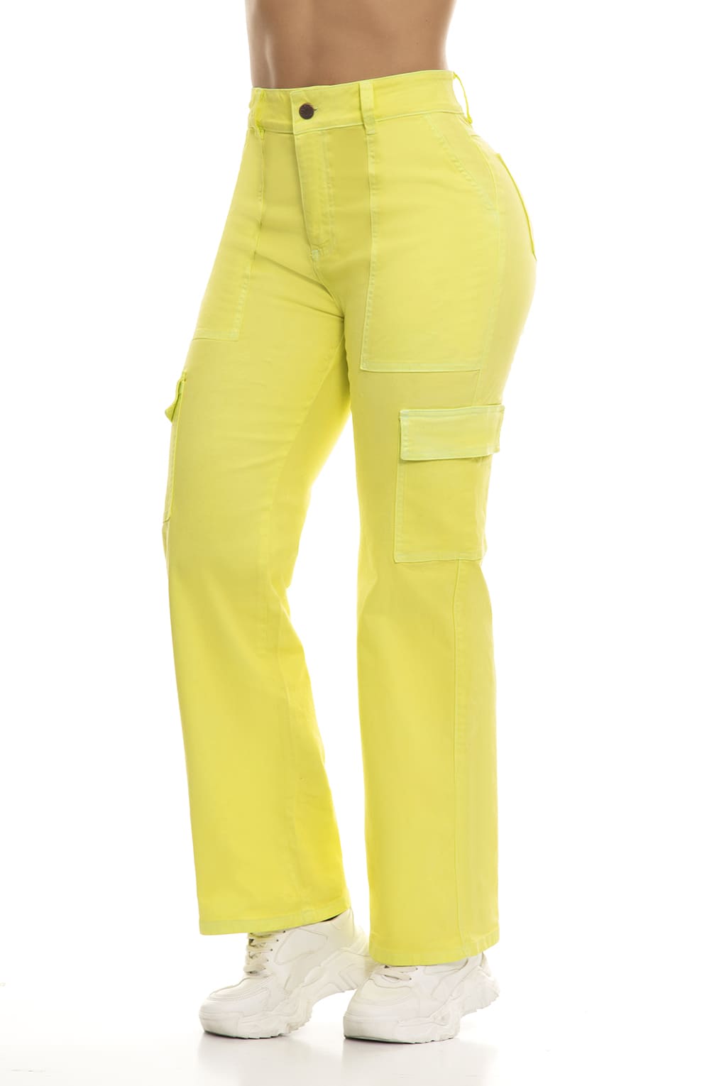 10085 Pantalón cargo bpt, efecto levanta cola tiro Súper alto,stretch  color amarillo neón