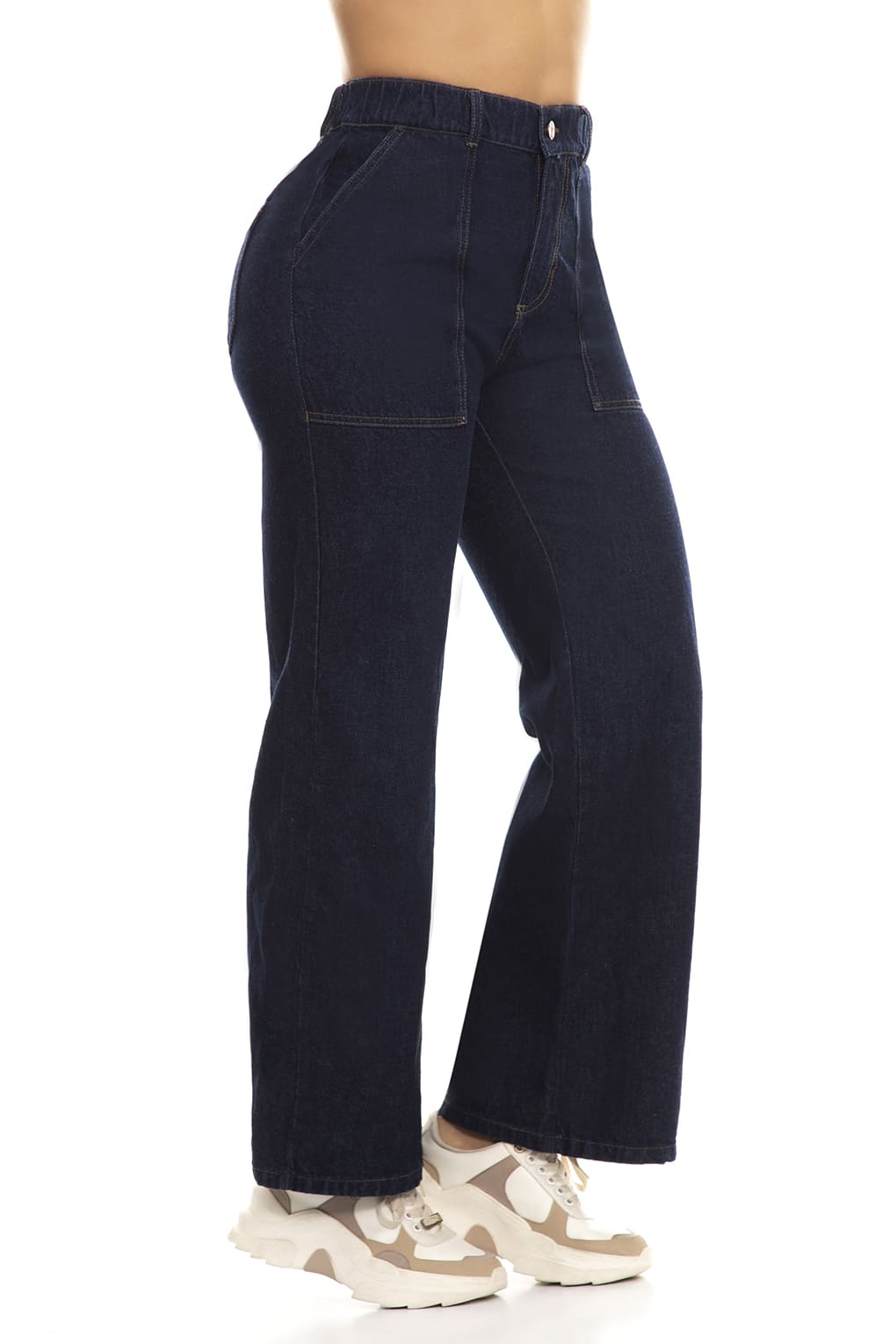 10091 Pantalón Mom flare bota ancha, tiro súper alto, 100% algodón tono azul oscuro industrial