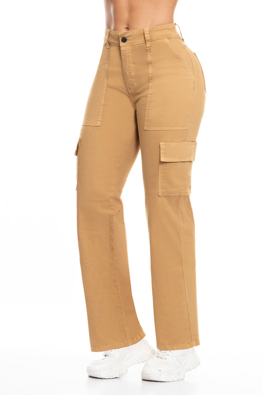 10107 Pantalón Cargo bota ancha, tiro súper alto, color terracota, strech.