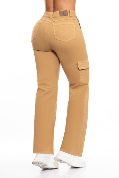 10107 Pantalón Cargo bota ancha, tiro súper alto, color terracota, strech.