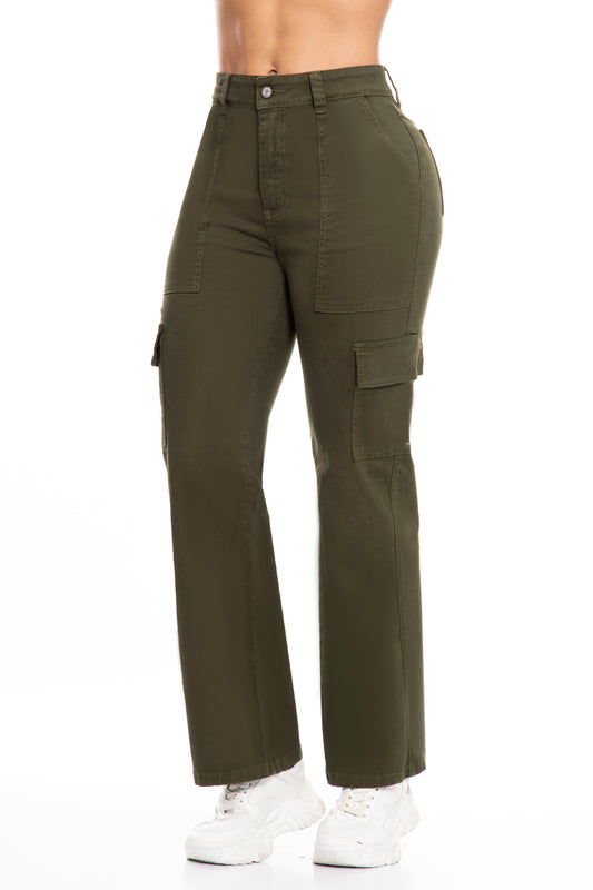 10109 pantalón cargo, tiro súper alto, bota ancha, tono verde militar