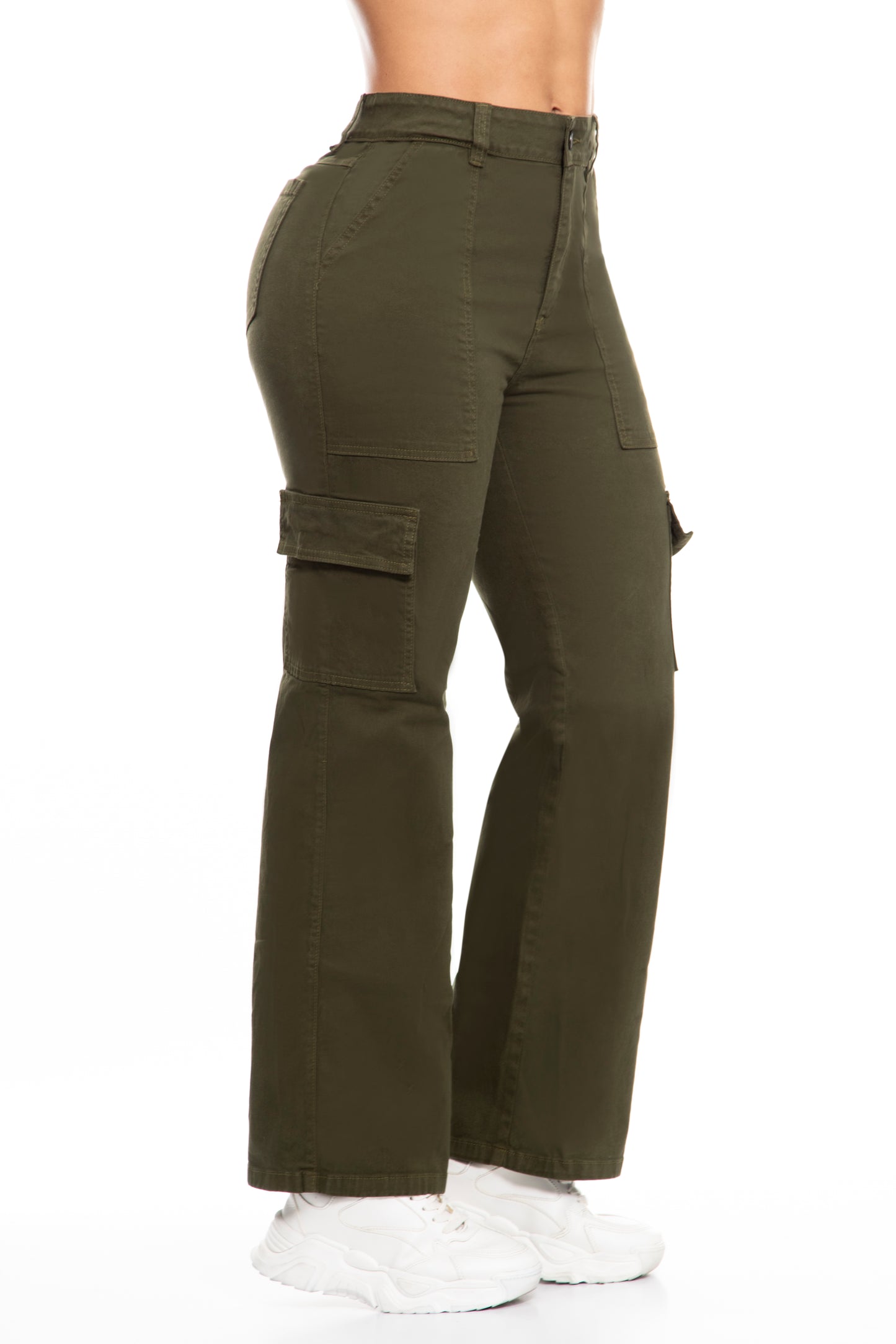 10109 pantalón cargo, tiro súper alto, bota ancha, tono verde militar