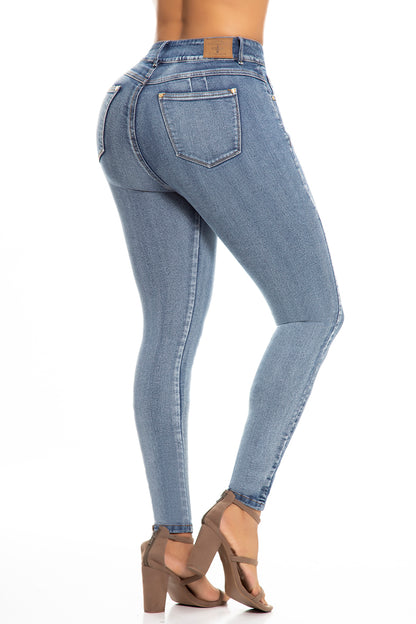 Ref.10058 Jean Strech con faja interna,tiro súper alto, efecto push up, tono azul medio claro