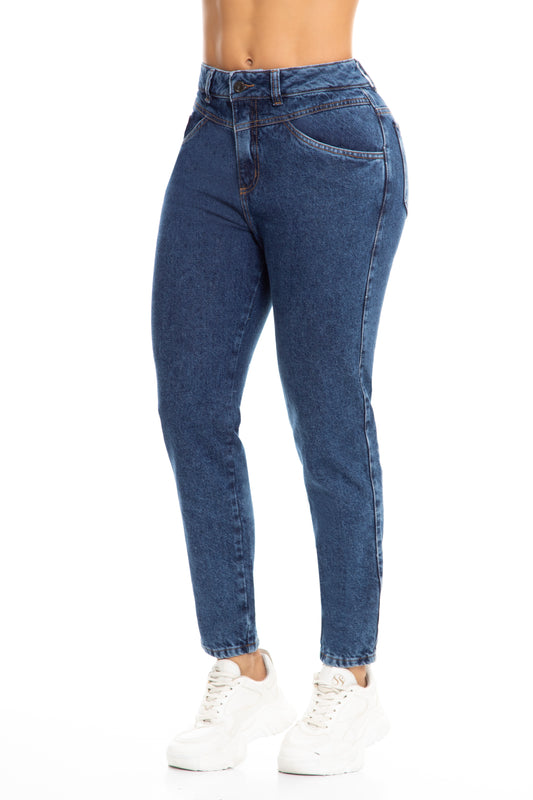 10111 Pantalón Mom fit, tiro alto, 100% algodón tono azul medio