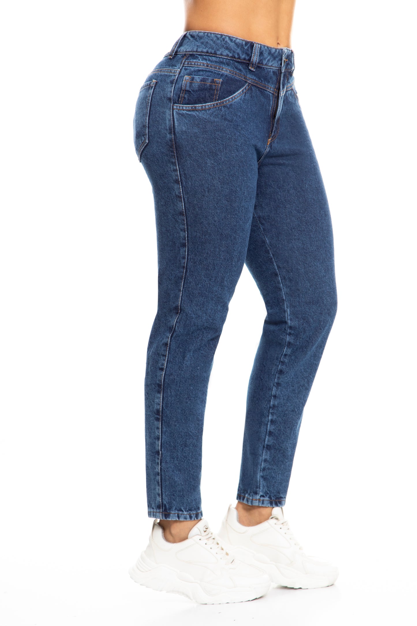 10111 Pantalón Mom fit, tiro alto, 100% algodón tono azul medio
