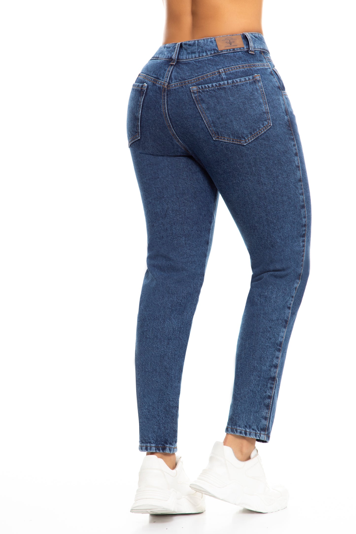 10111 Pantalón Mom fit, tiro alto, 100% algodón tono azul medio