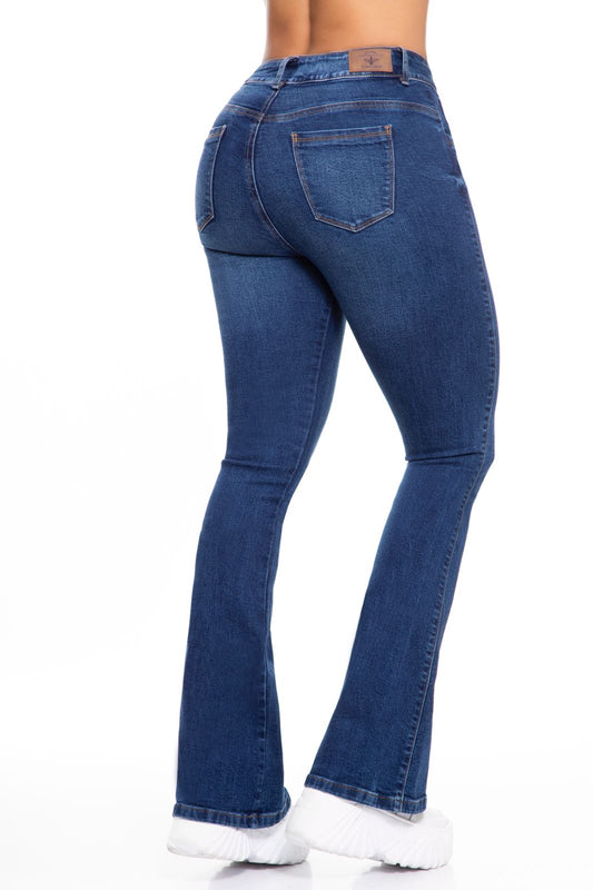 10033 Jean Campana stretch, efecto levanta cola, tiro alto, azul medio, pantalón moderno mujer.