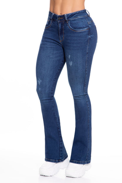 10033 Jean Campana stretch, efecto levanta cola, tiro alto, azul medio, pantalón moderno mujer.