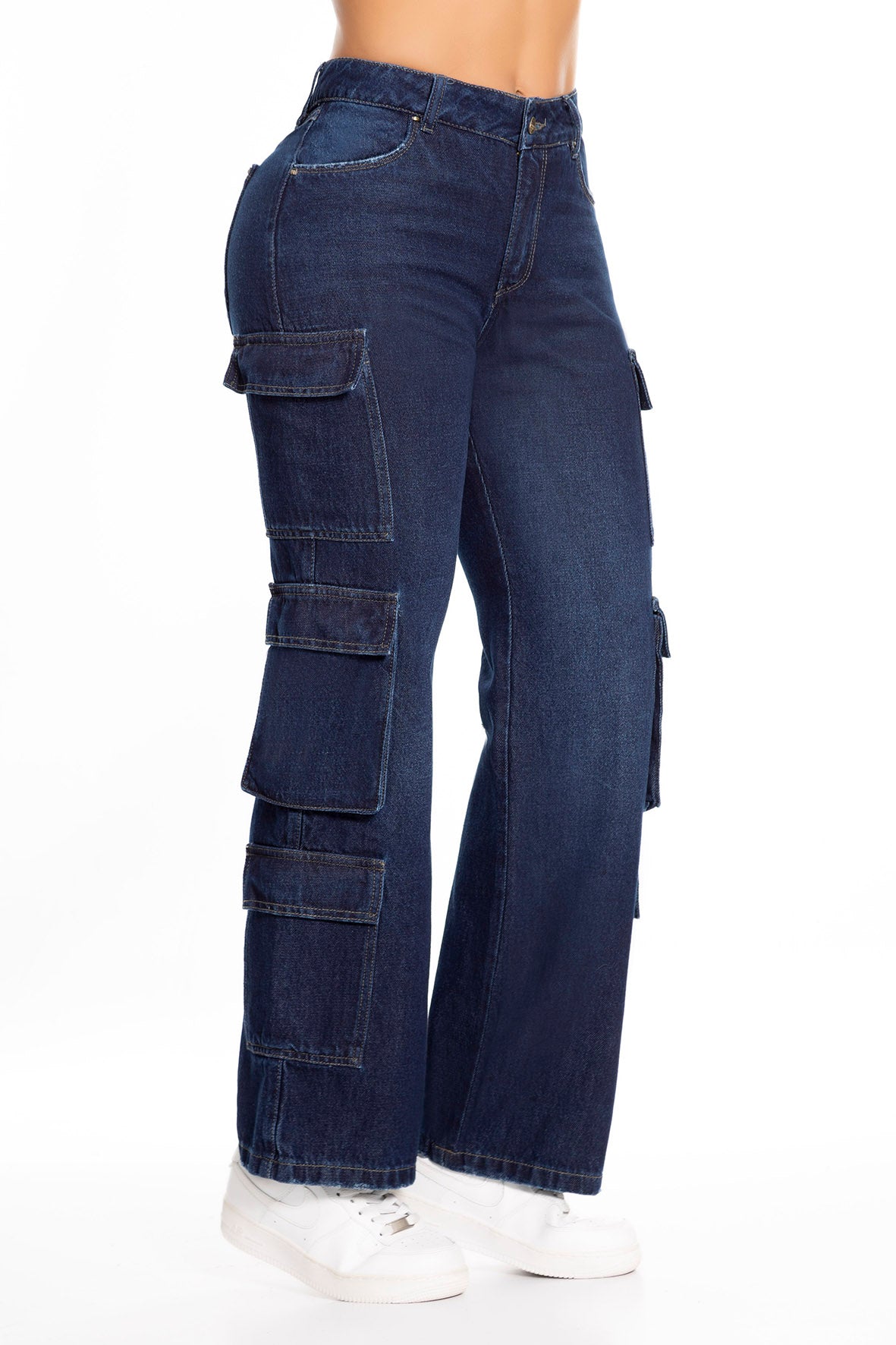 Ref. 10048 Jeans cargo rígido, tiro alto, bolsillos laterales, tono azul oscuro